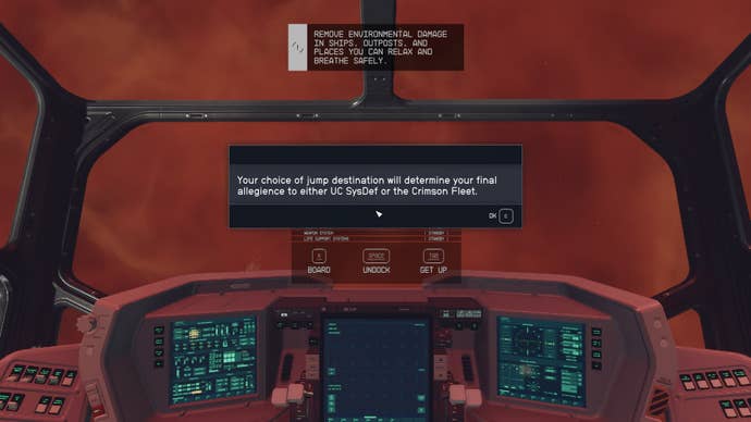 The player is presented with a choice when leaving the Legacy in Starfield - side with UC SysDef or the Crimson Fleet