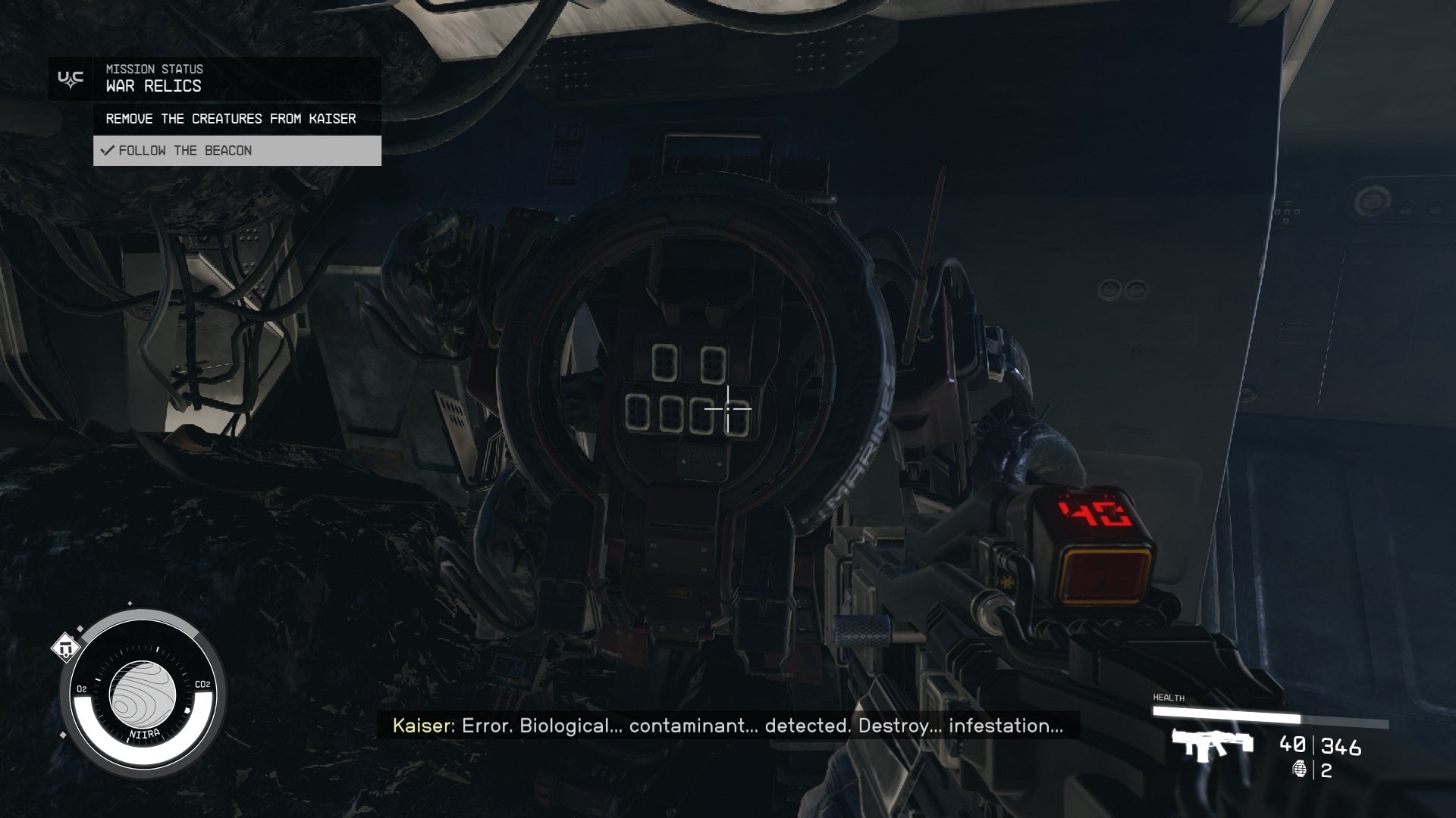 The player looks at Kaiser, who has ran out of power and is covered in small creatures in Starfield