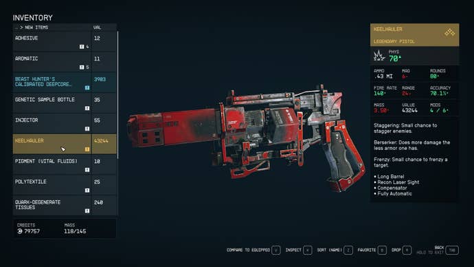 The legendary pistol, Keelhauler, in the player inventory in Starfield