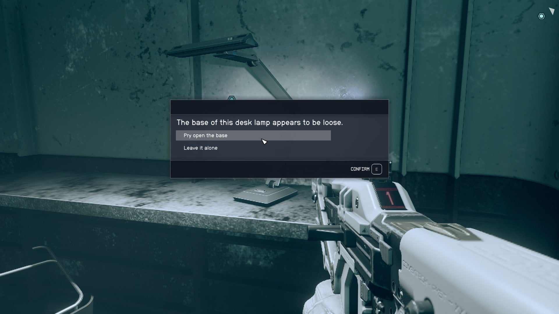 The player interacts with a lamp that has a loose base in a cell in the Lock in Starfield