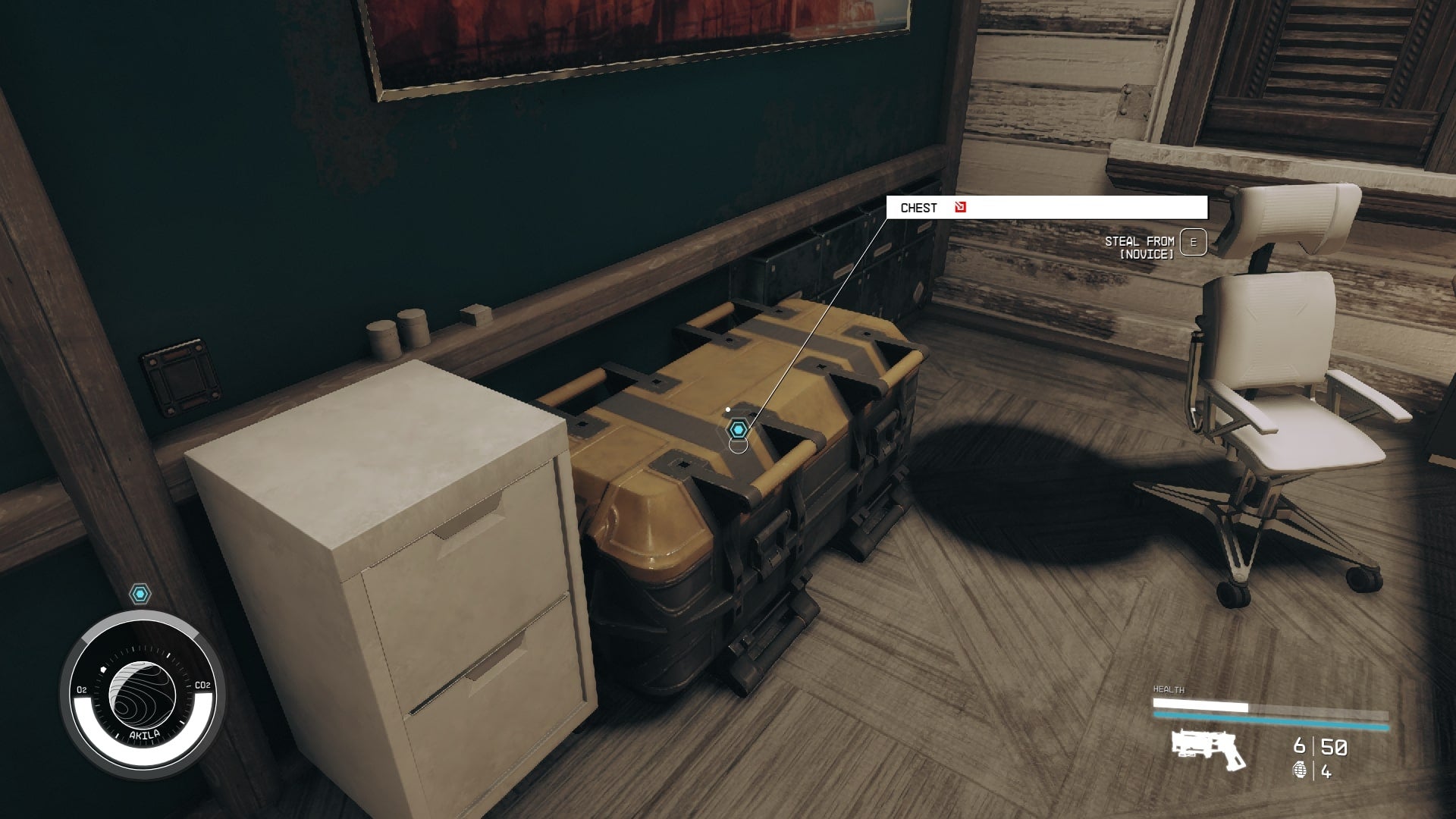 The player looks toward a locked chest in Laredo Firearms in Akila City in Starfield - 3