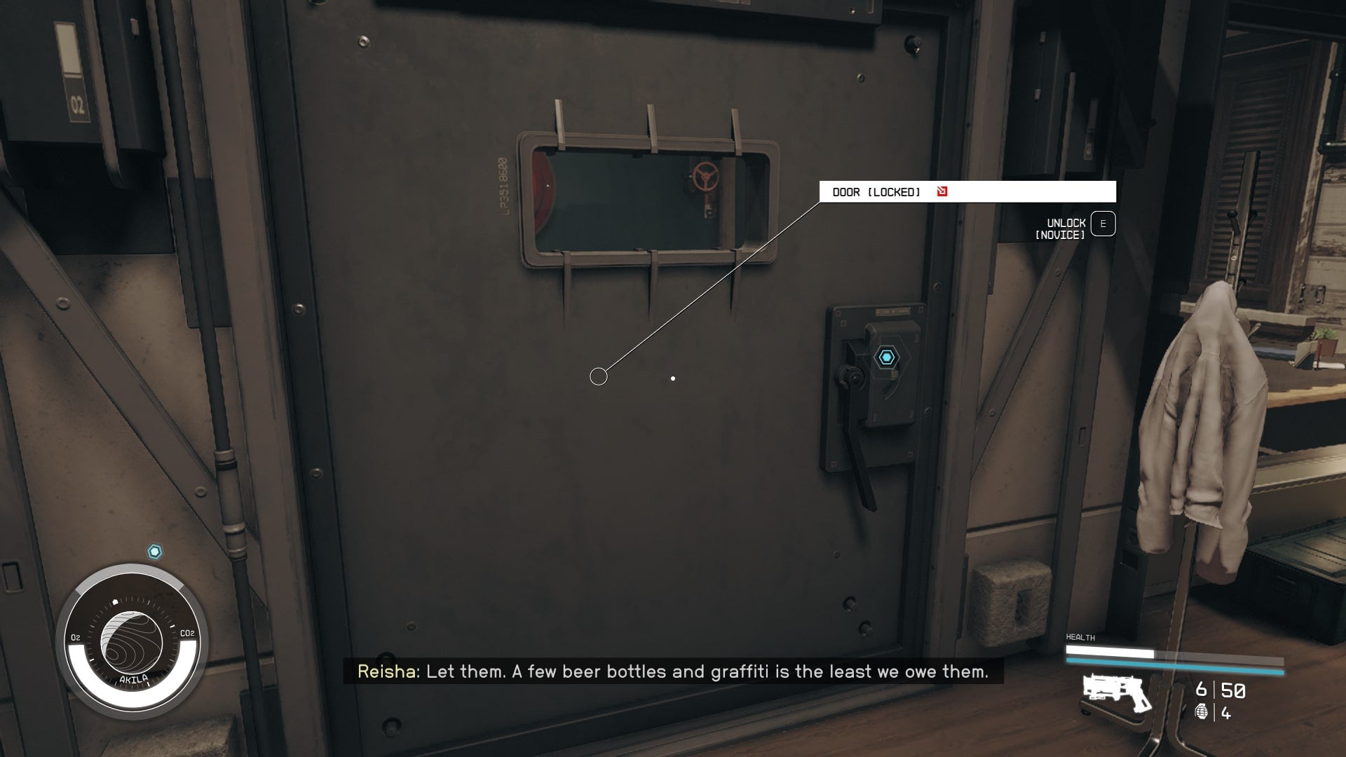 The player looks toward a locked door in Laredo Firearms in Akila City in Starfield - 4