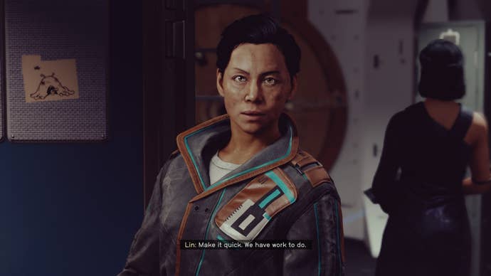 The player speaks with Lin aboard their ship in Starfield