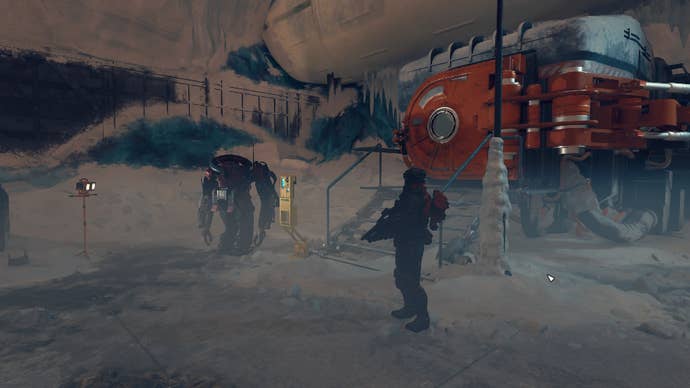 The player looks toward the airlock leading to Londinion, with Hadrian and Kaiser stood in front of it in Starfield