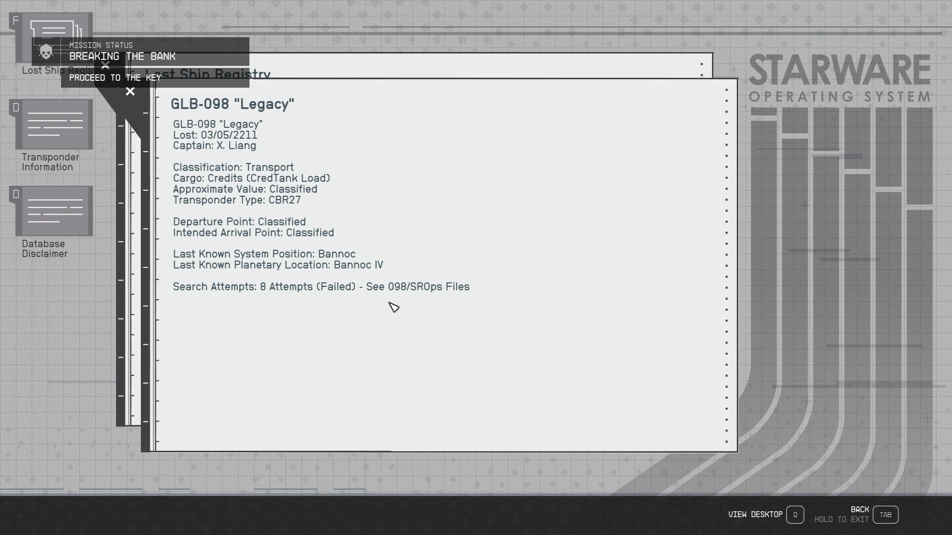 The player uses a computer in the GalBank Archive to learn about the Legacy ship in Starfield - 11