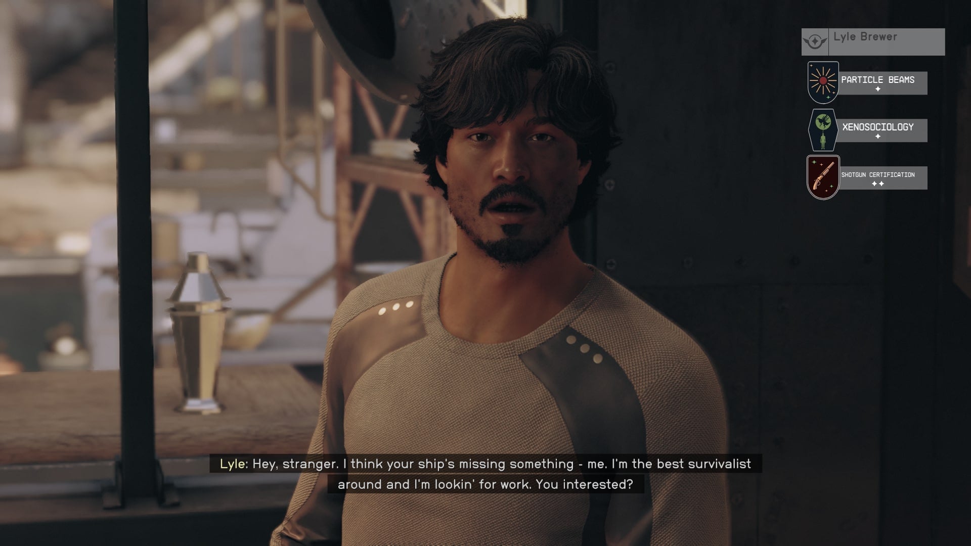 The player speaks with Lyle in Aggie&rsquo;s bar in Starfield