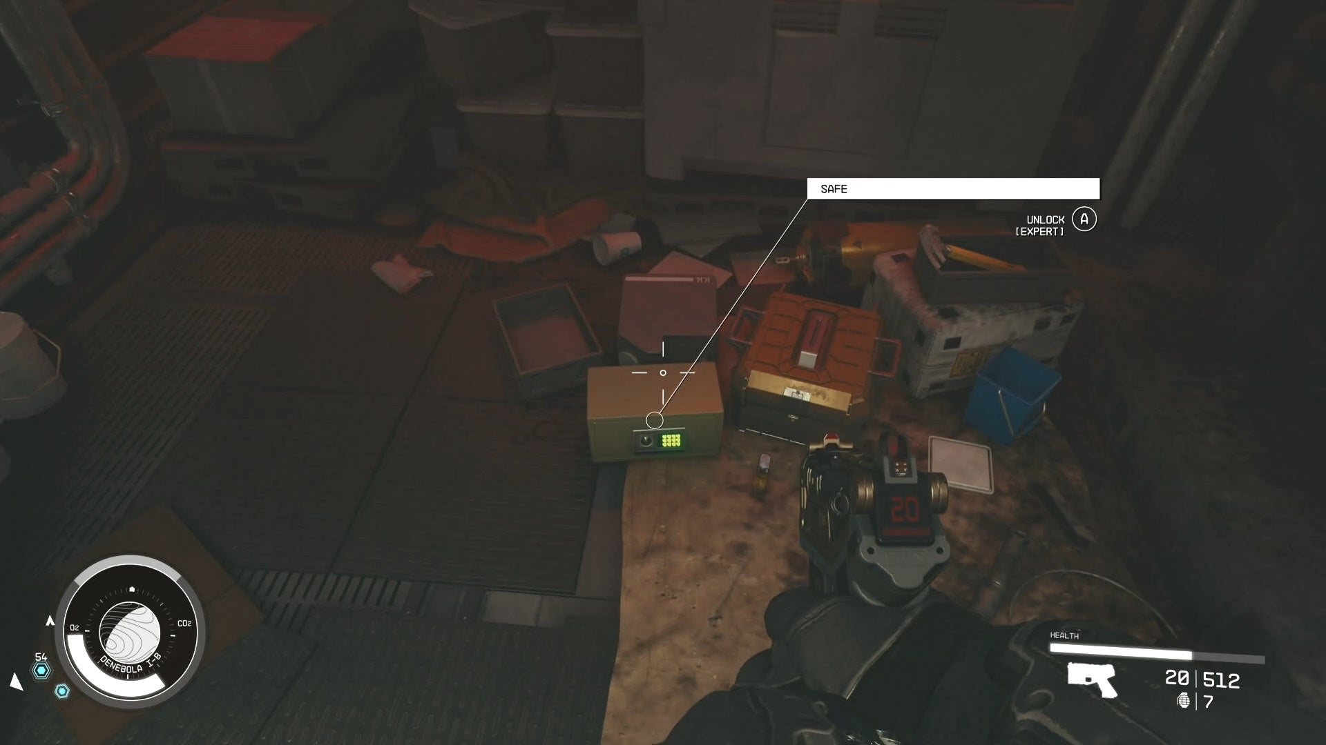 first person view of a locked yellow safe