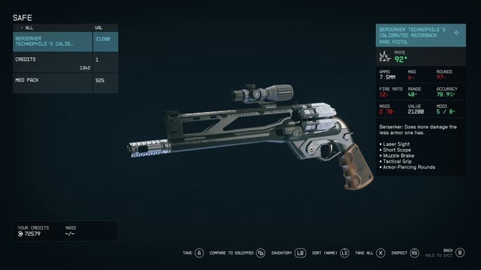 menu view of a rare pistol and its stats