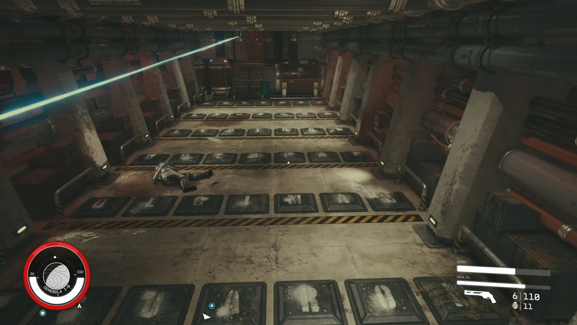 first person view of jumping over tiles with letters while being shit at by turret