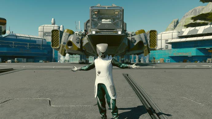 Starfield image showing the player wearing the Mantis' suit, and stood in front of the unique Razorleaf ship.