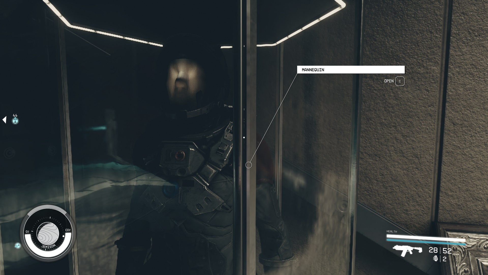 The player looks toward a cabinet in the basement of the Lodge in Starfield, which contains the Mark I spacesuit, helmet, and pack - 3