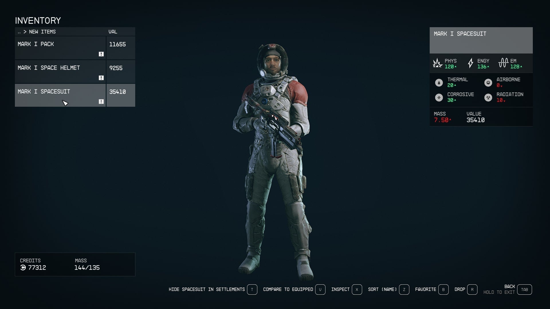 The Mark I spacesuit, helmet, and pack are shown in the player inventory in Starfield - 4