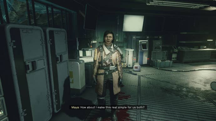 The player speaks with suspect and ship thief, Maya Cruz, in Starfield