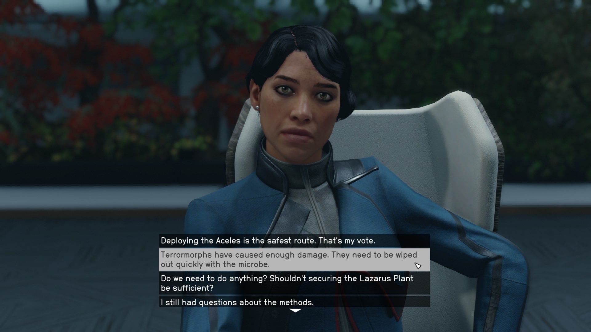 The player speaks with President Abello about whether to use a microbe or Aceles to deal with the Terrormorphs in Starfield