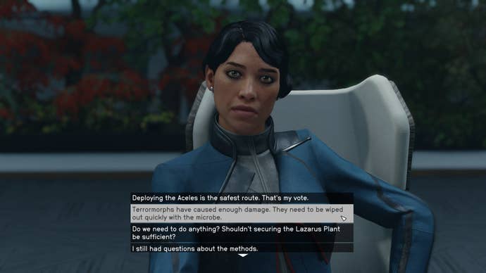 The player speaks with President Abello about whether to use a microbe or Aceles to deal with the Terrormorphs in Starfield