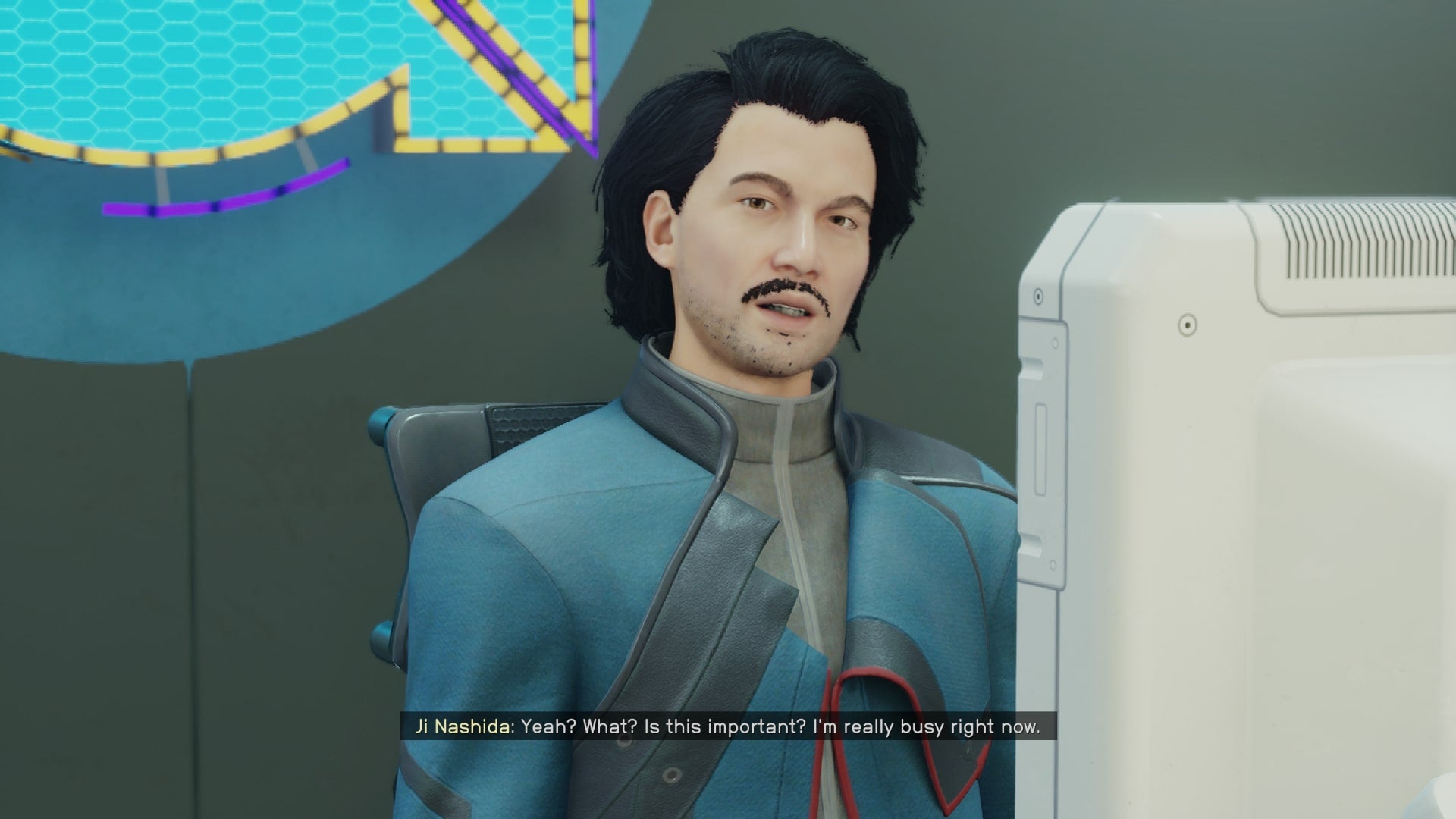 The player speaks with Ji Nashida in the lobby of Generdyne Industries in Starfield - 4