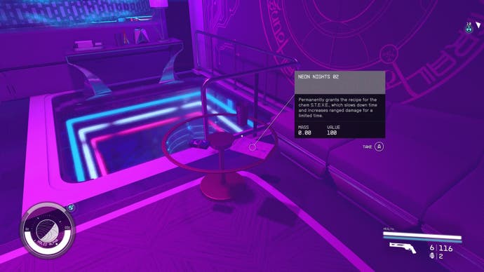 first person view of a neon nights skill book on a glass table in a purple tinted night club booth