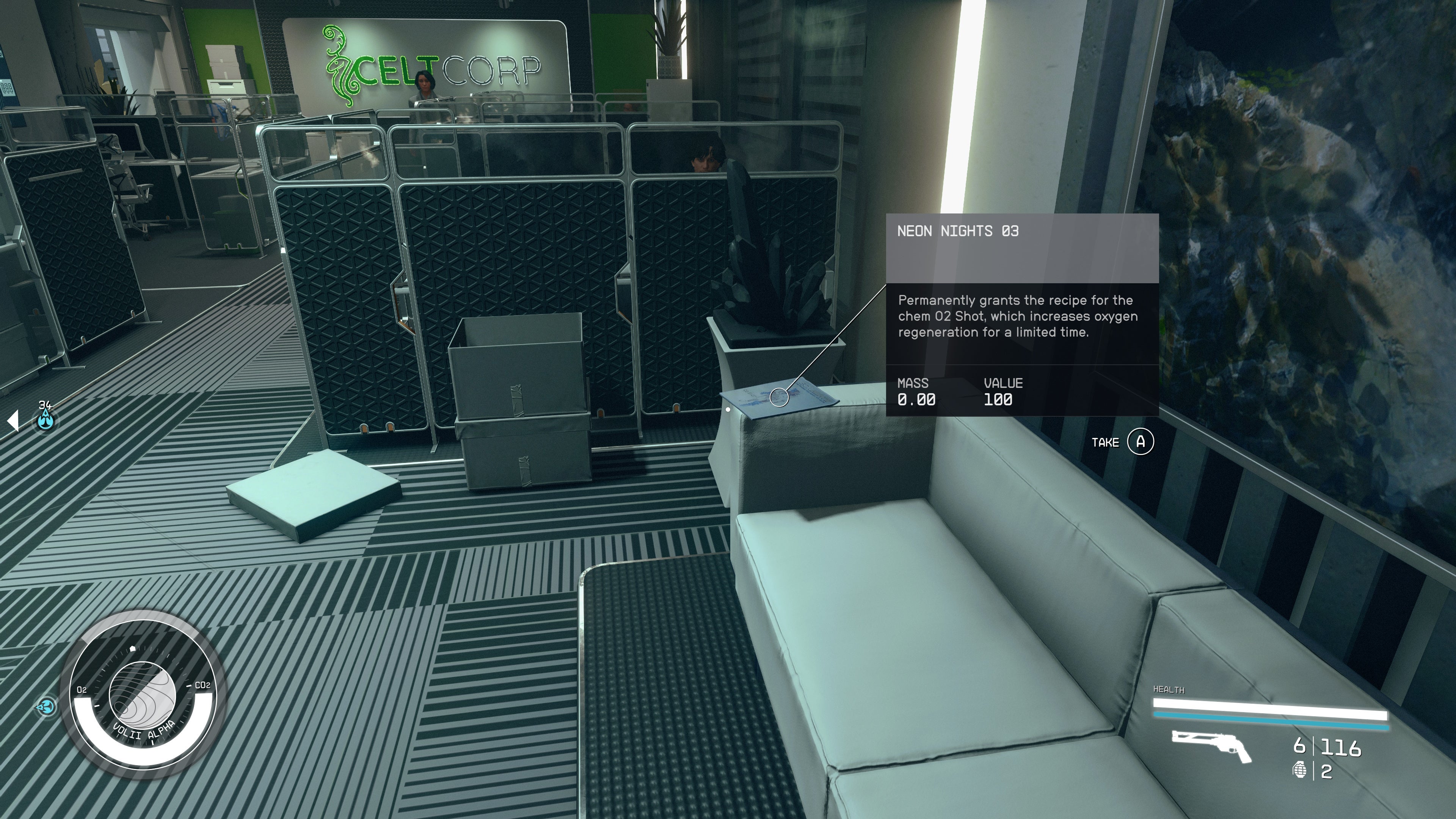 first person view of a neon nights skill book on the arm of a sofa near cubicles