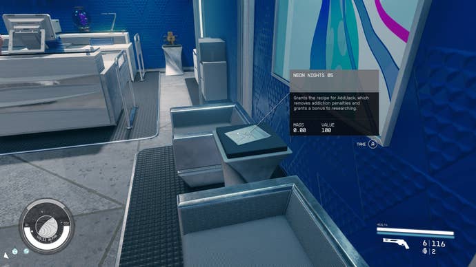 first person view of neon nights skill book on table beside silver chairs