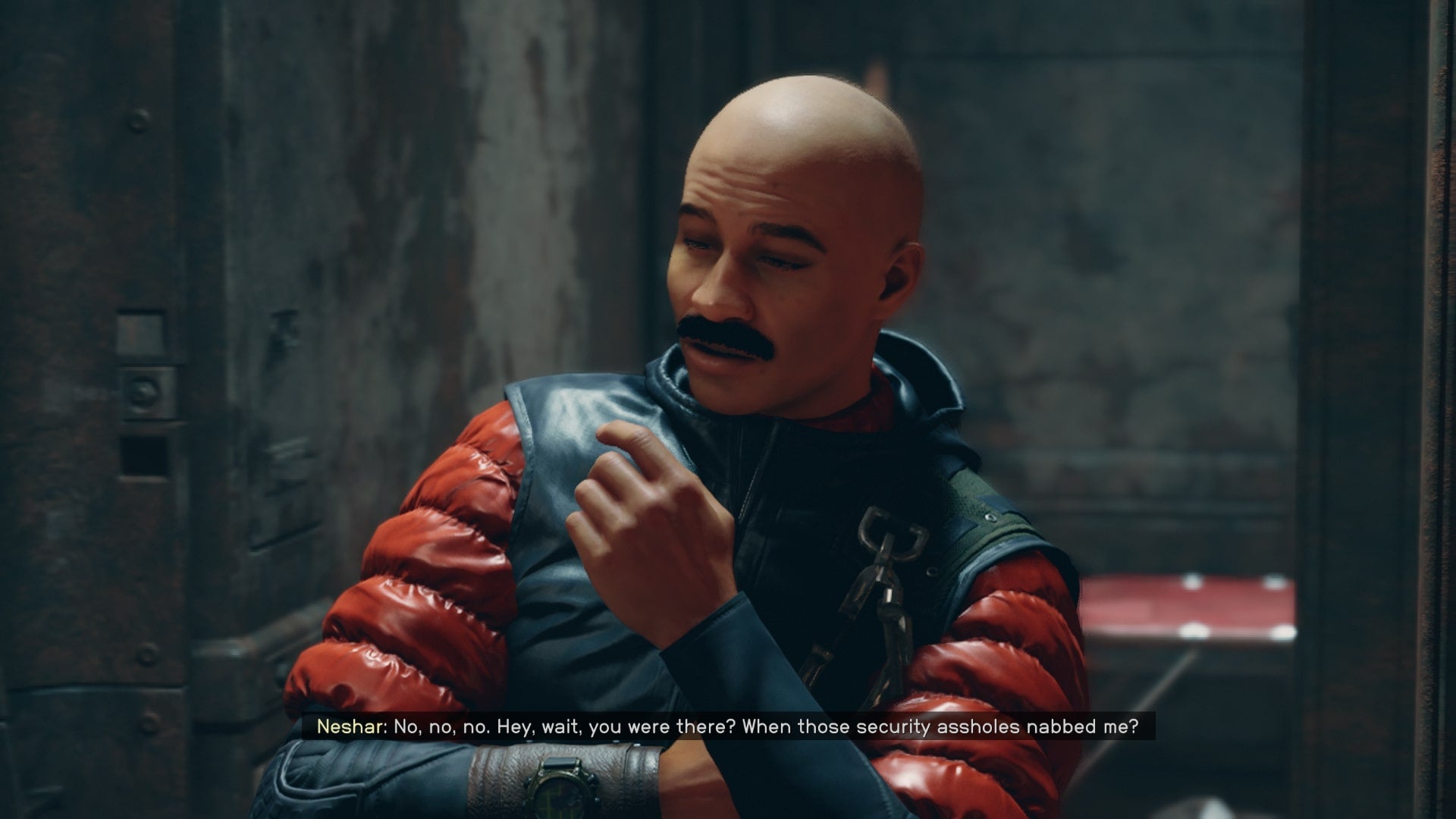 The player speaks with Neshar, who has been arrested for smuggling Aurora into Neon in Starfield