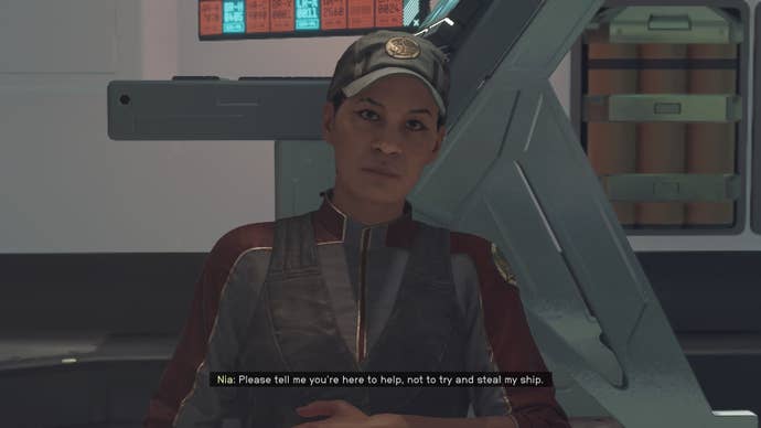 The player speaks with an injured Nia Kalu aboard her ship in Starfield