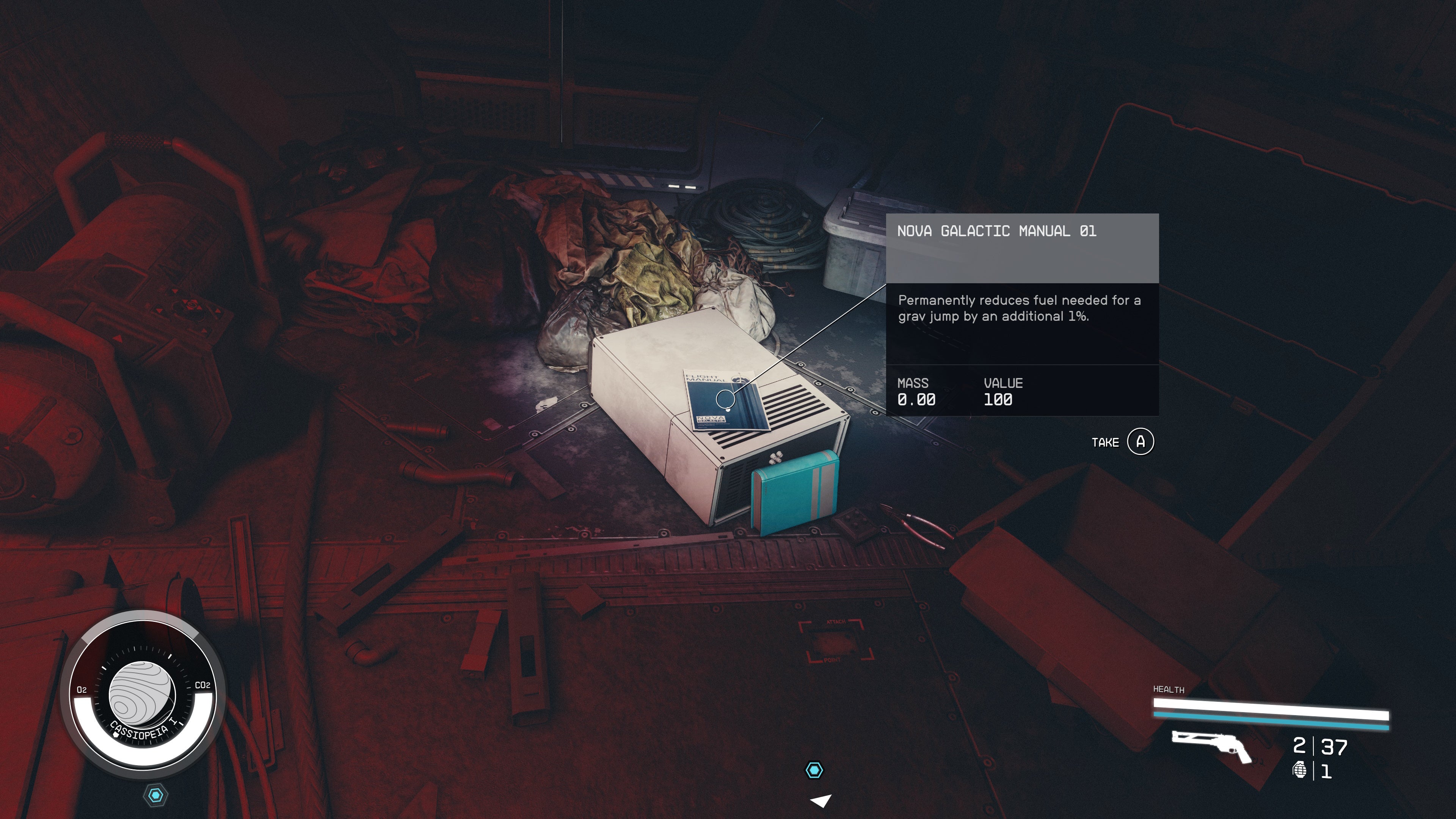 first personview of a nova galactic skill book on top of a white object in a dark room