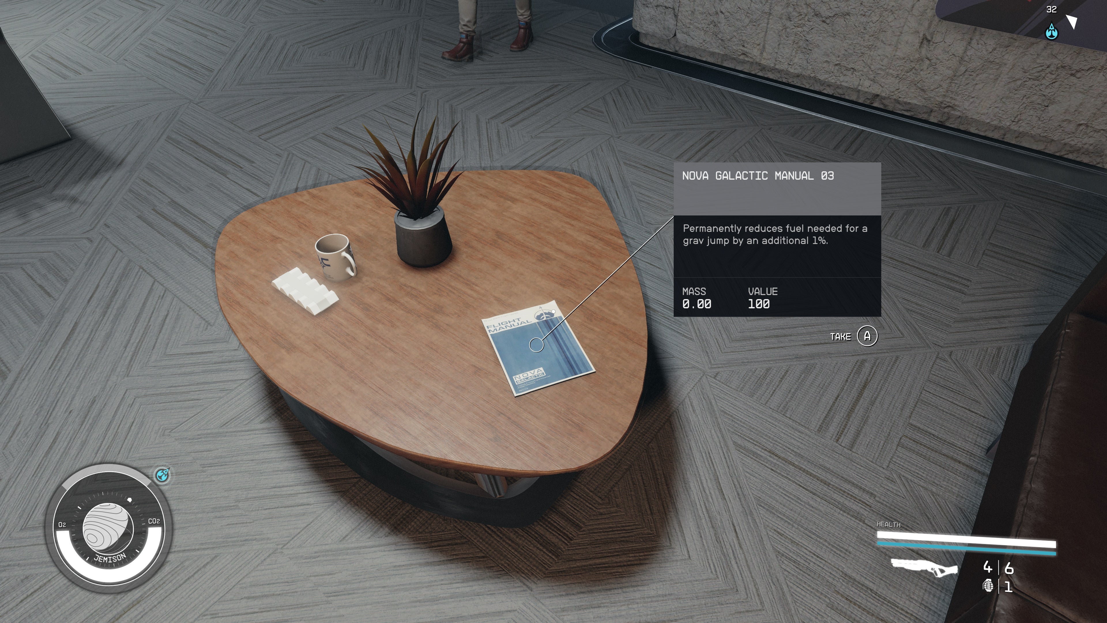 fires person view of a nova galactic manual skill book on coffee table