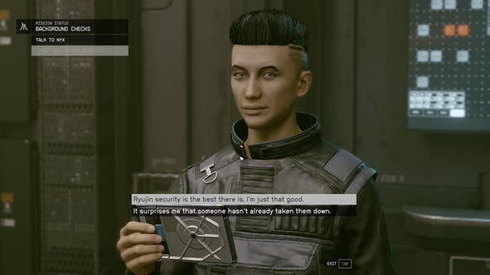 The player speaks with Ryujin contact, Nyx, in Starfield