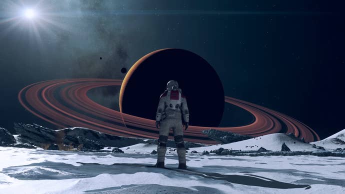 Starfield protagonist in front of ringed planet