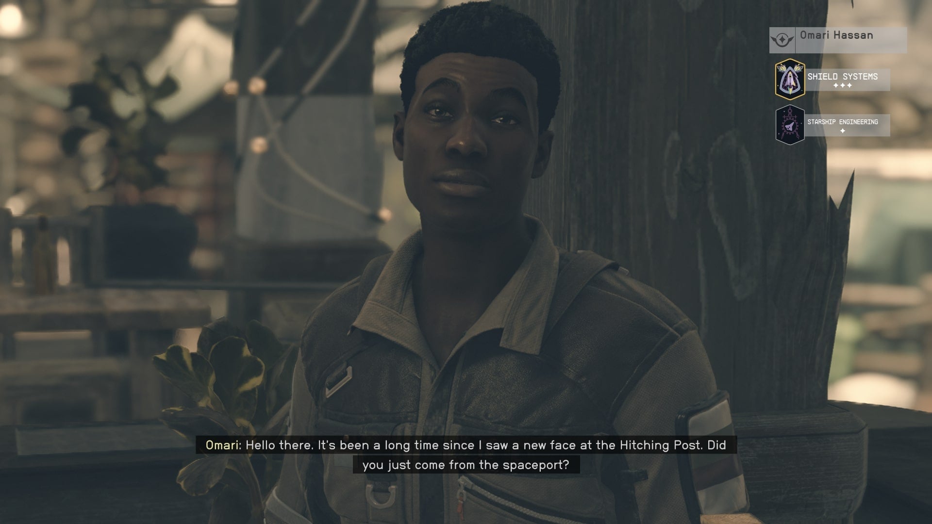The player speaks with Omari at the Hitching Post in Starfield