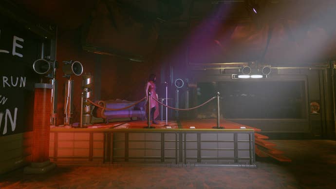 The player faces Mei Divine who is announcing on-stage that the player is completing the Red Mile in Starfield