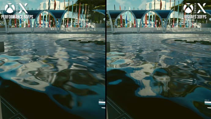 visuals vs performance mode comparison in Starfield with reflections in water
