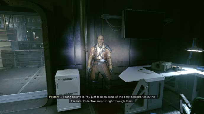 The player speaks with Paxton Hull in an abandoned mech factory in Starfield