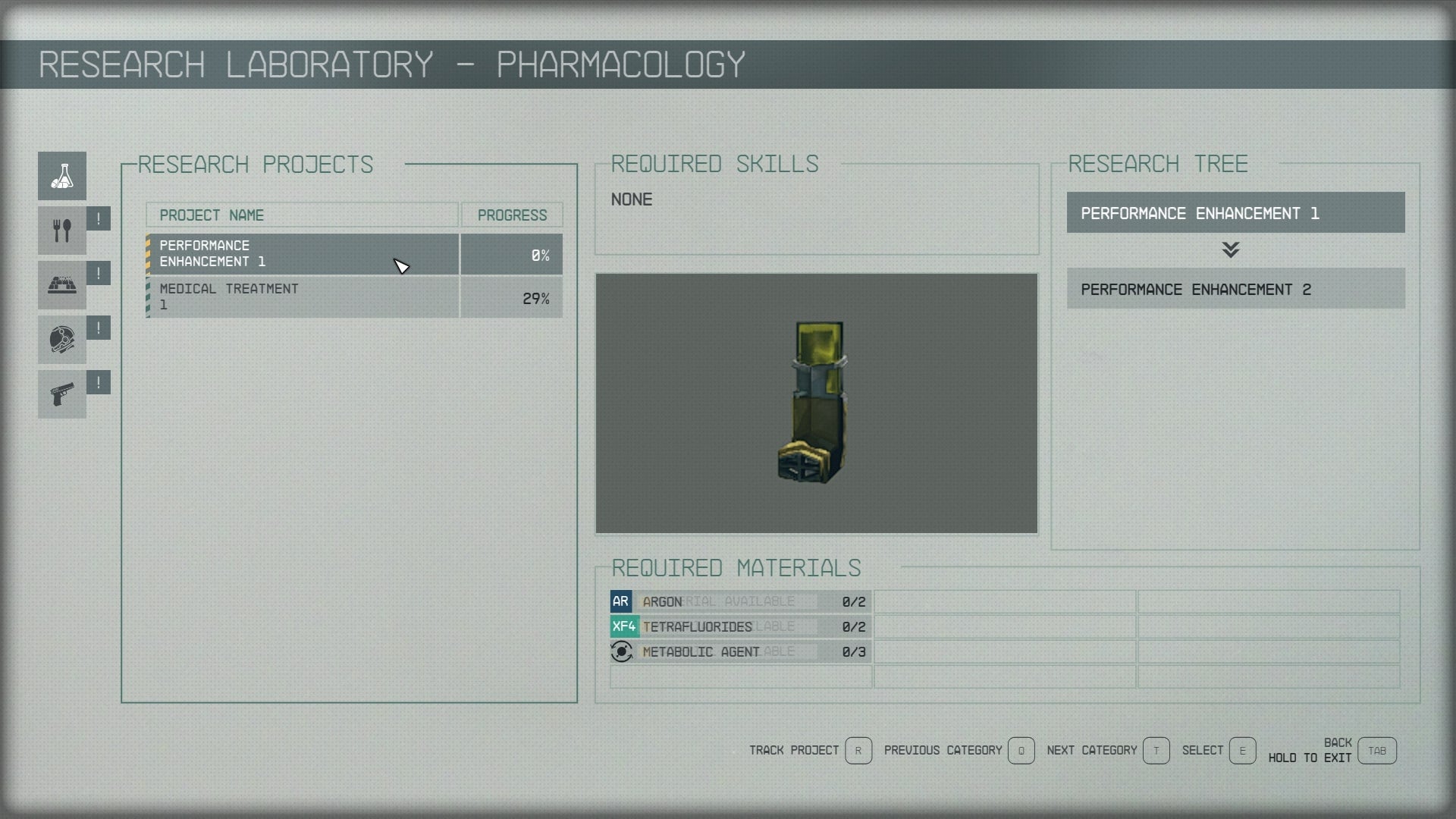 The player researches Performance Enhancement 1 while in Legrande&rsquo;s Liqueurs in Starfield