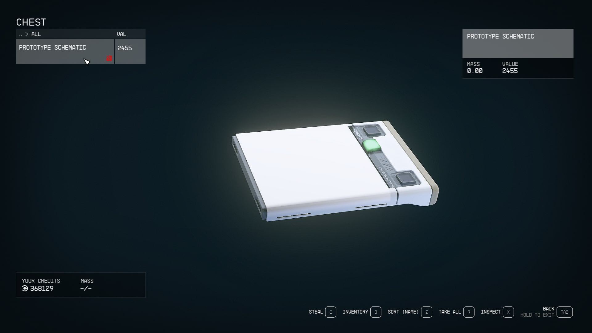 A Prototype Schematic in the player inventory, stolen from the Trident Luxury Lines Staryard in Starfield - 5