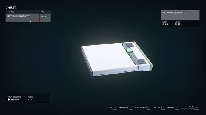 A Prototype Schematic in the player inventory, stolen from the Trident Luxury Lines Staryard in Starfield