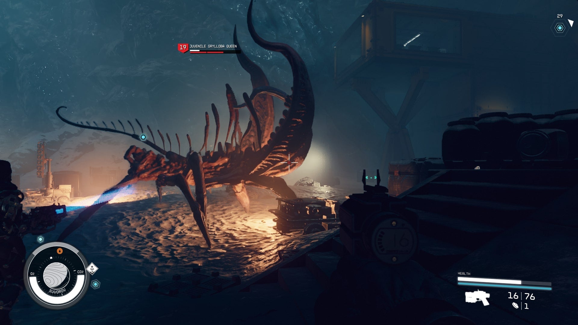 The player fights a Juvenile Queen Grylloba outside the Lock in Starfield