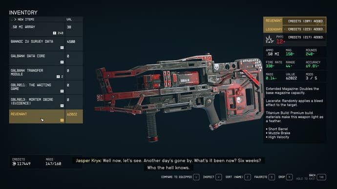 The Revenant weapon shown in the player inventory in Starfield