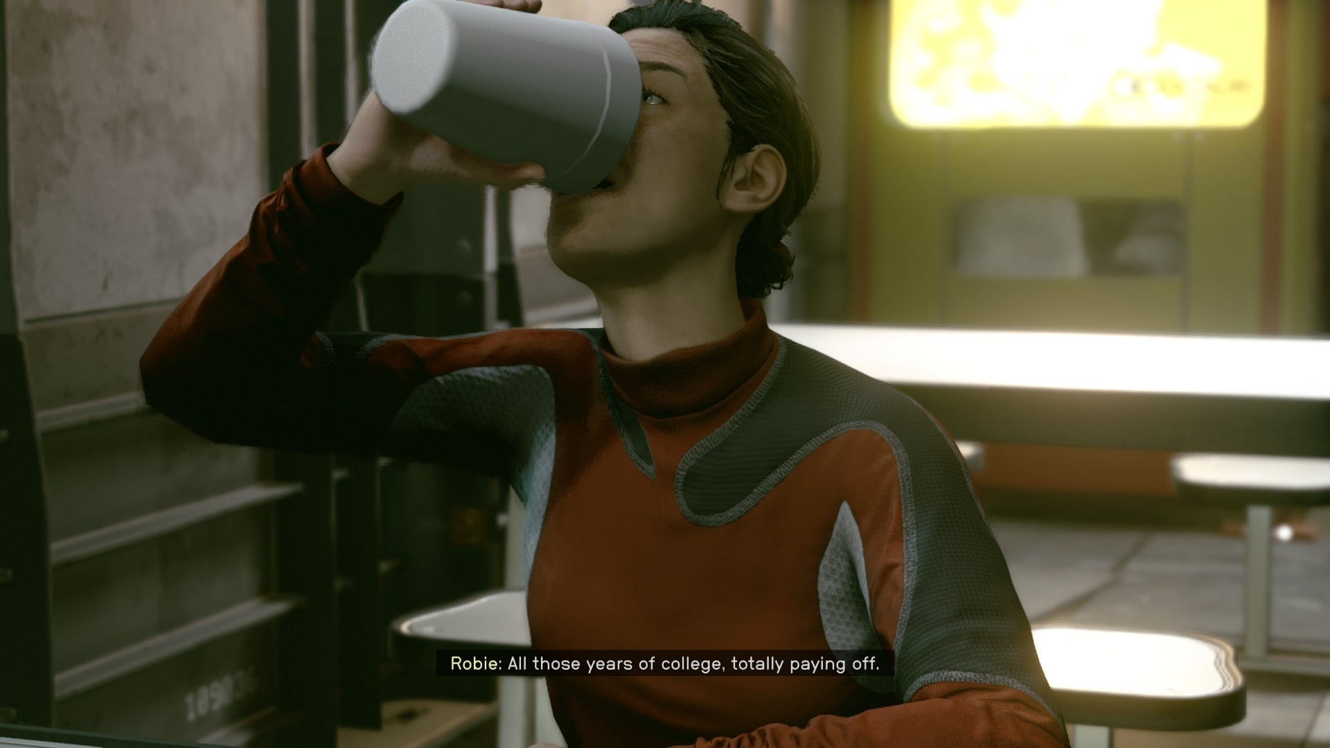 The player speaks with Robie in the break room of Xenofresh Fisheries in Starfield - 4