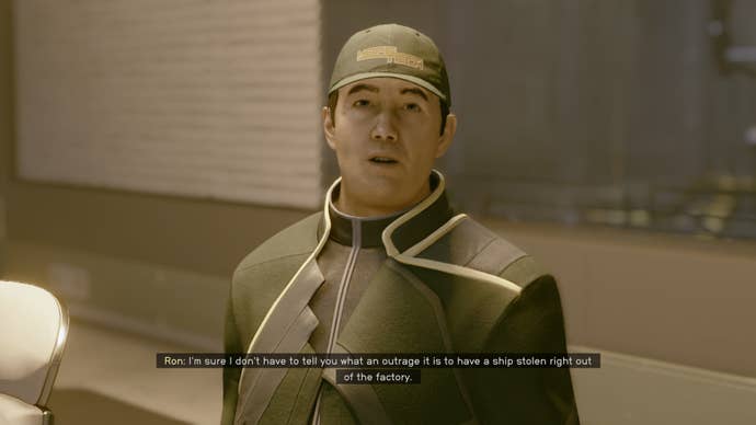 The player speaks with Ron Hope in his office in HopeTech in Starfield