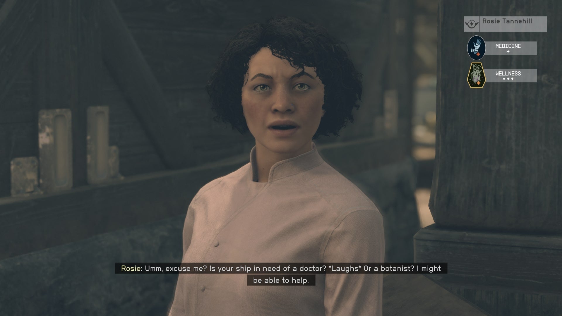 The player speaks with Rosie at the Hitching Post in Starfield