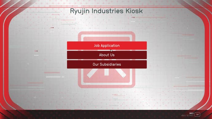 The player interacts with the Ryujin Industries Kiosk, where they can apply for a job, in Starfield