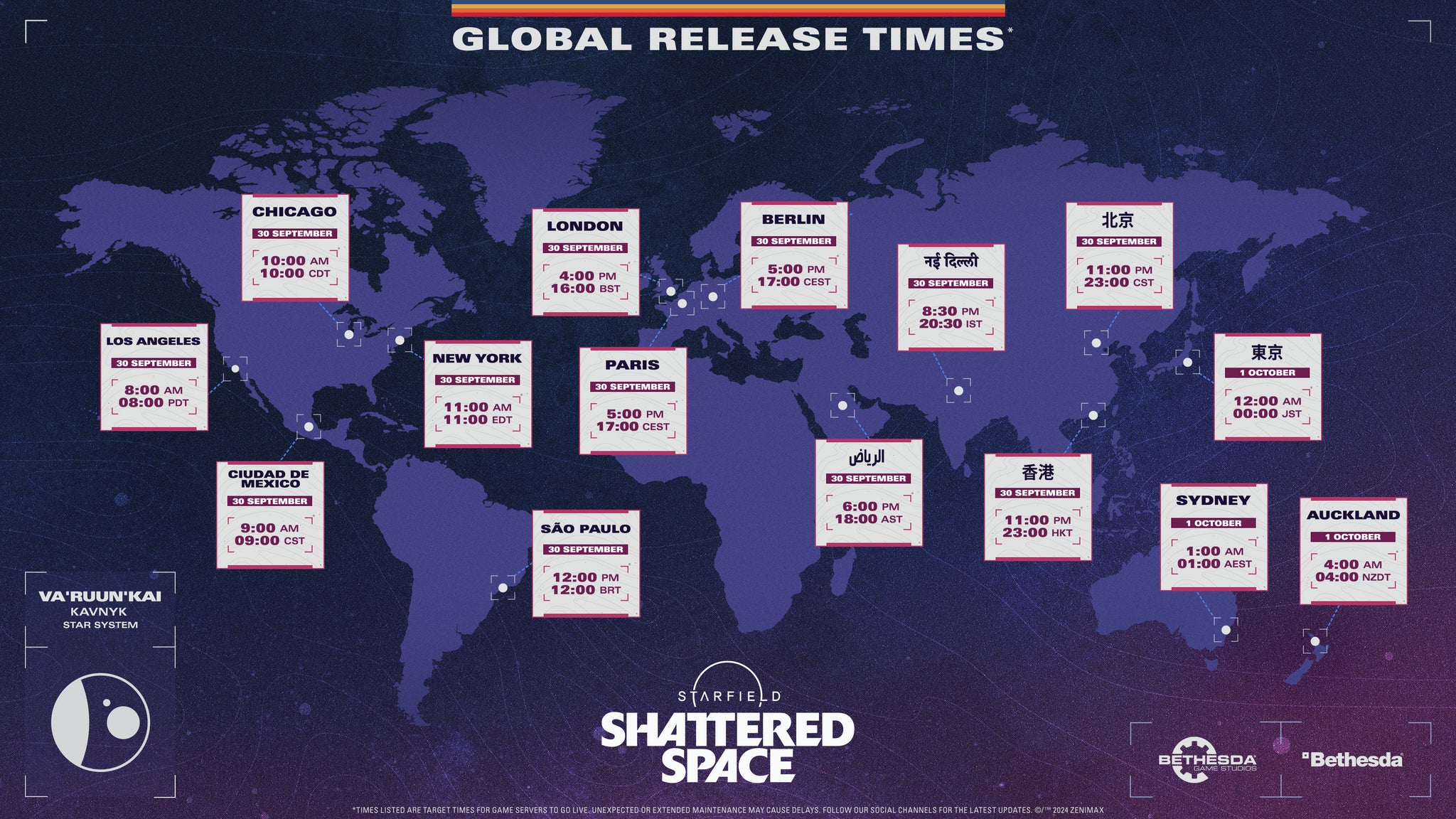 A map showing the global release times for Starfield Shattered Space. - 3