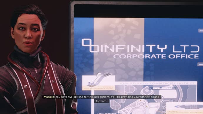 The player speaks with Masako about their assignment to sabotage Infinity LTD in Starfield