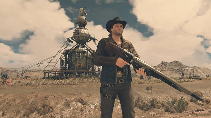 Starfield companion Sam Coe standing in front of sci-farm farming machinery.