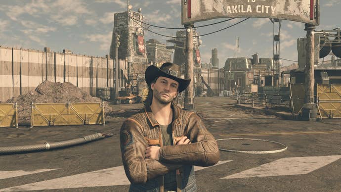 Starfield image showing Sam Coe at the entrance to Akila City.