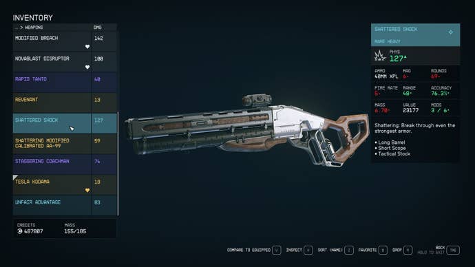 The Shattered Shock rifle in the player inventory in Starfield