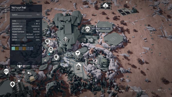 A map of Dazra in Starfield's Shattered Space DLC, with the cursor pointing to the Keep Armory