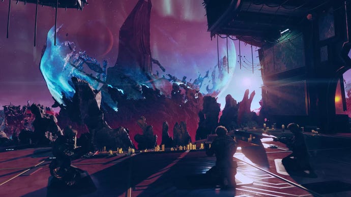 Cultists kneel before a sundered sky in Starfield: Shattered Space.