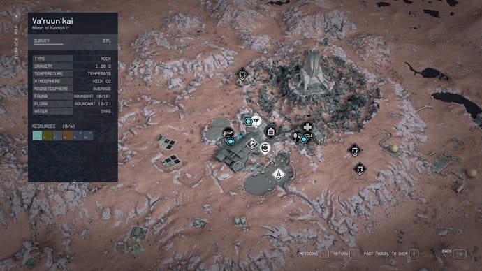 A map screen of a town in Starfield's Shattered Space expansion.